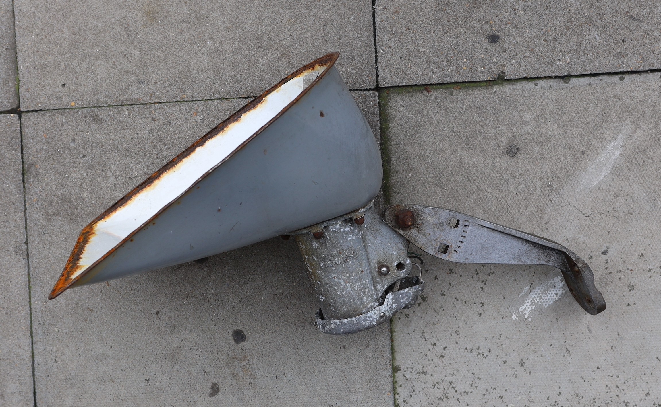 A 1930’s Benjamin grey enamelled metal and aluminium wall mounted street lamp, height 60cm. depth 60cm